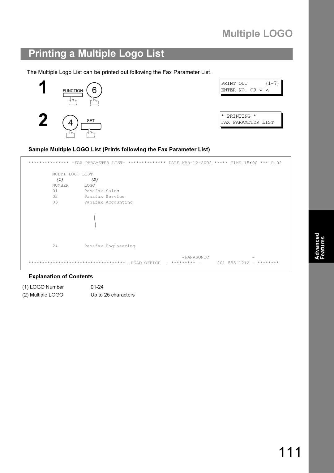 Panasonic UF-890/990 appendix 111, Printing a Multiple Logo List 