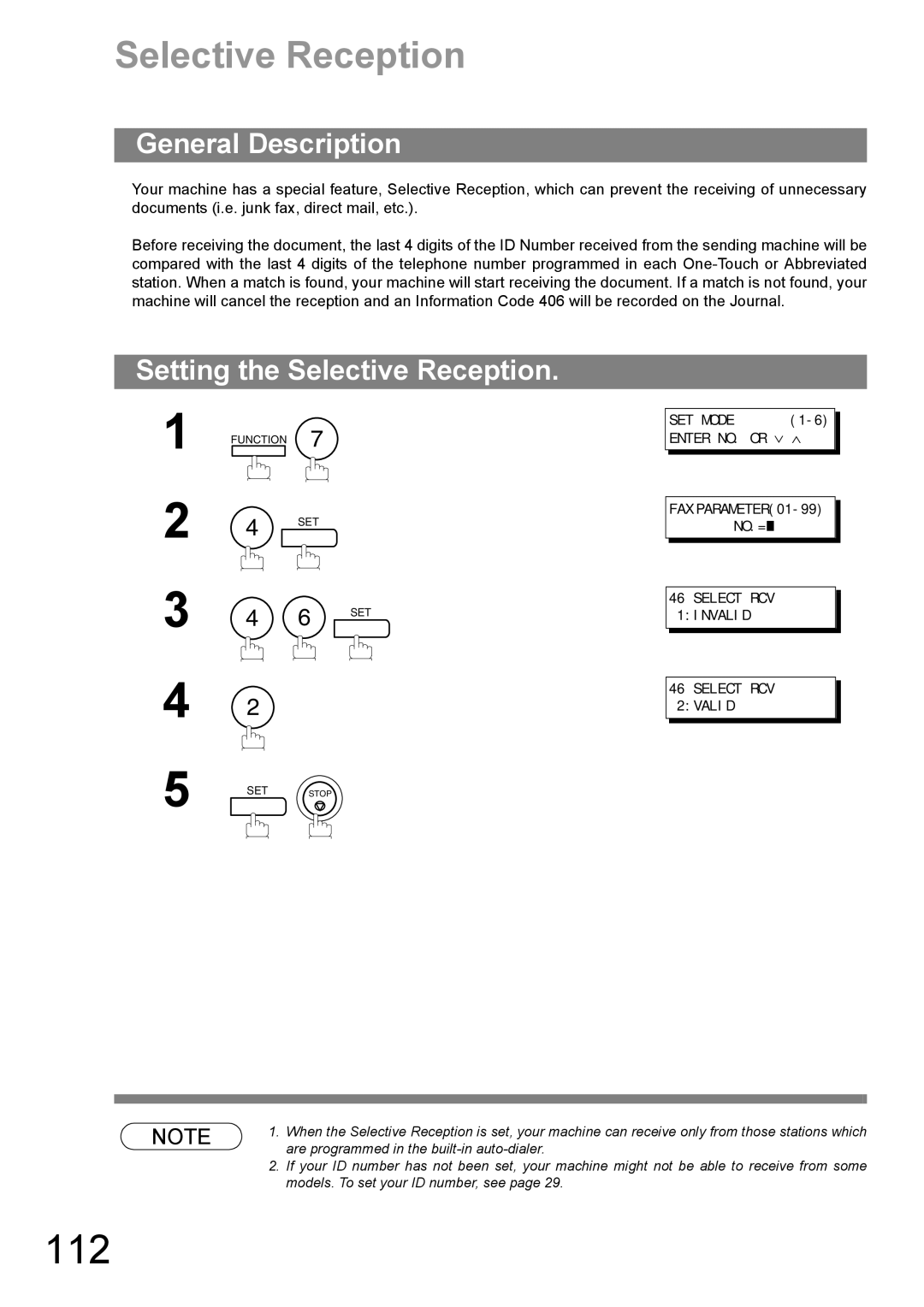 Panasonic UF-890/990 appendix 112, Setting the Selective Reception 