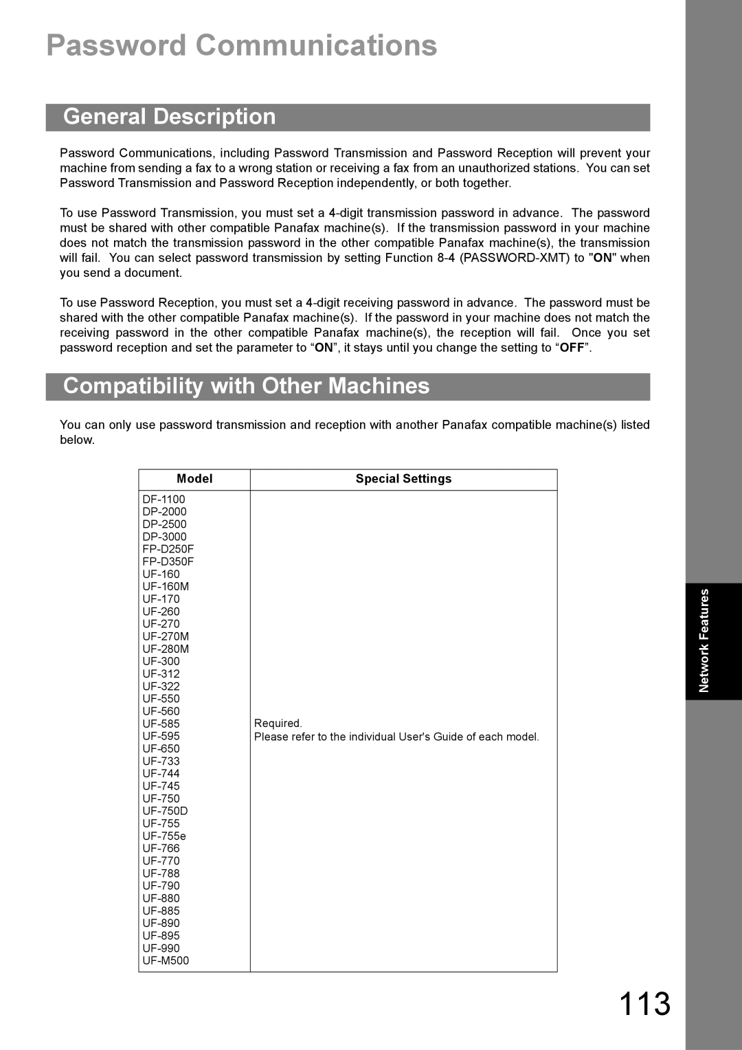 Panasonic UF-890/990 appendix 113, Password Communications, Compatibility with Other Machines, Model Special Settings 