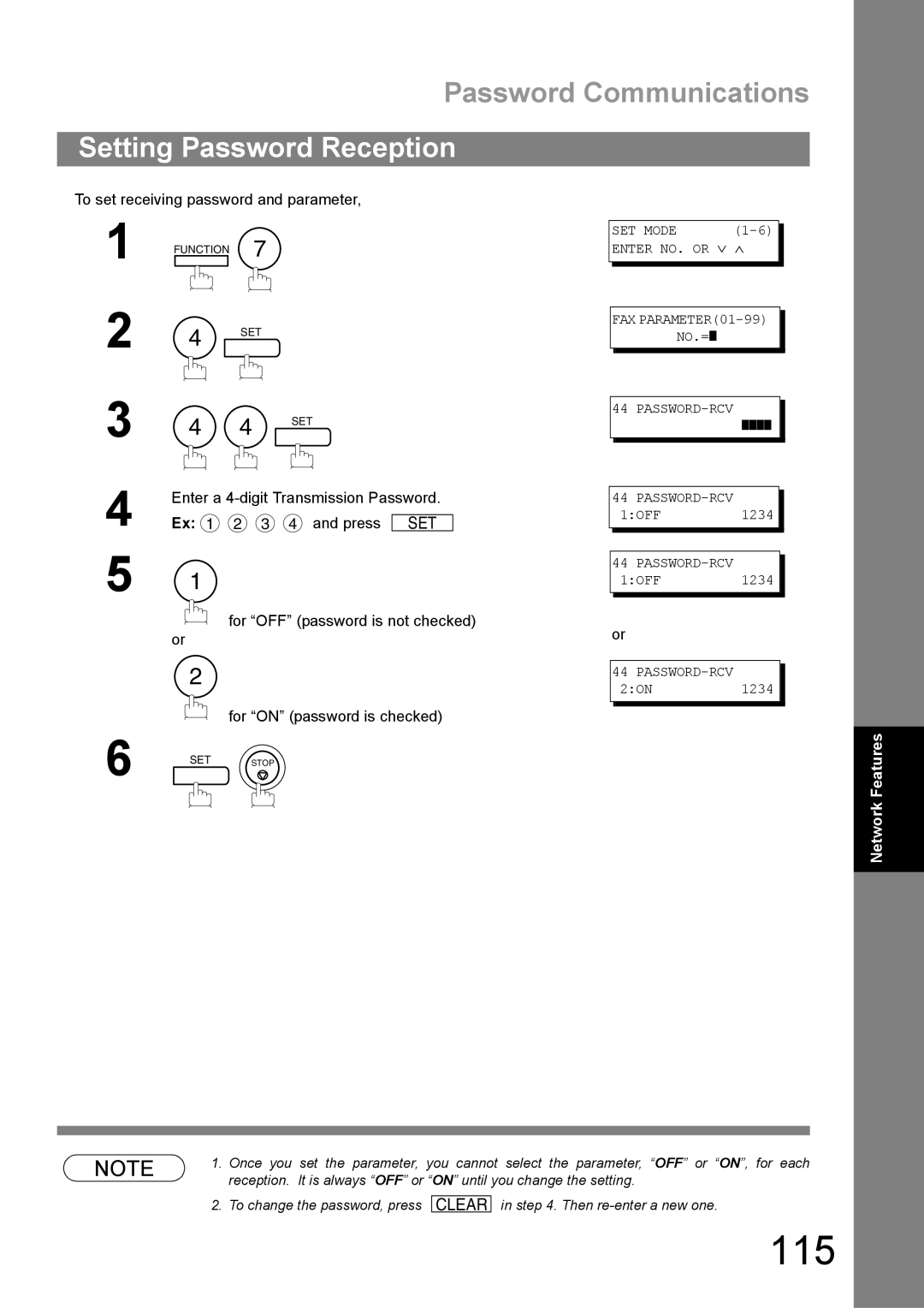 Panasonic UF-890/990 appendix 115, Setting Password Reception, To set receiving password and parameter, and press 