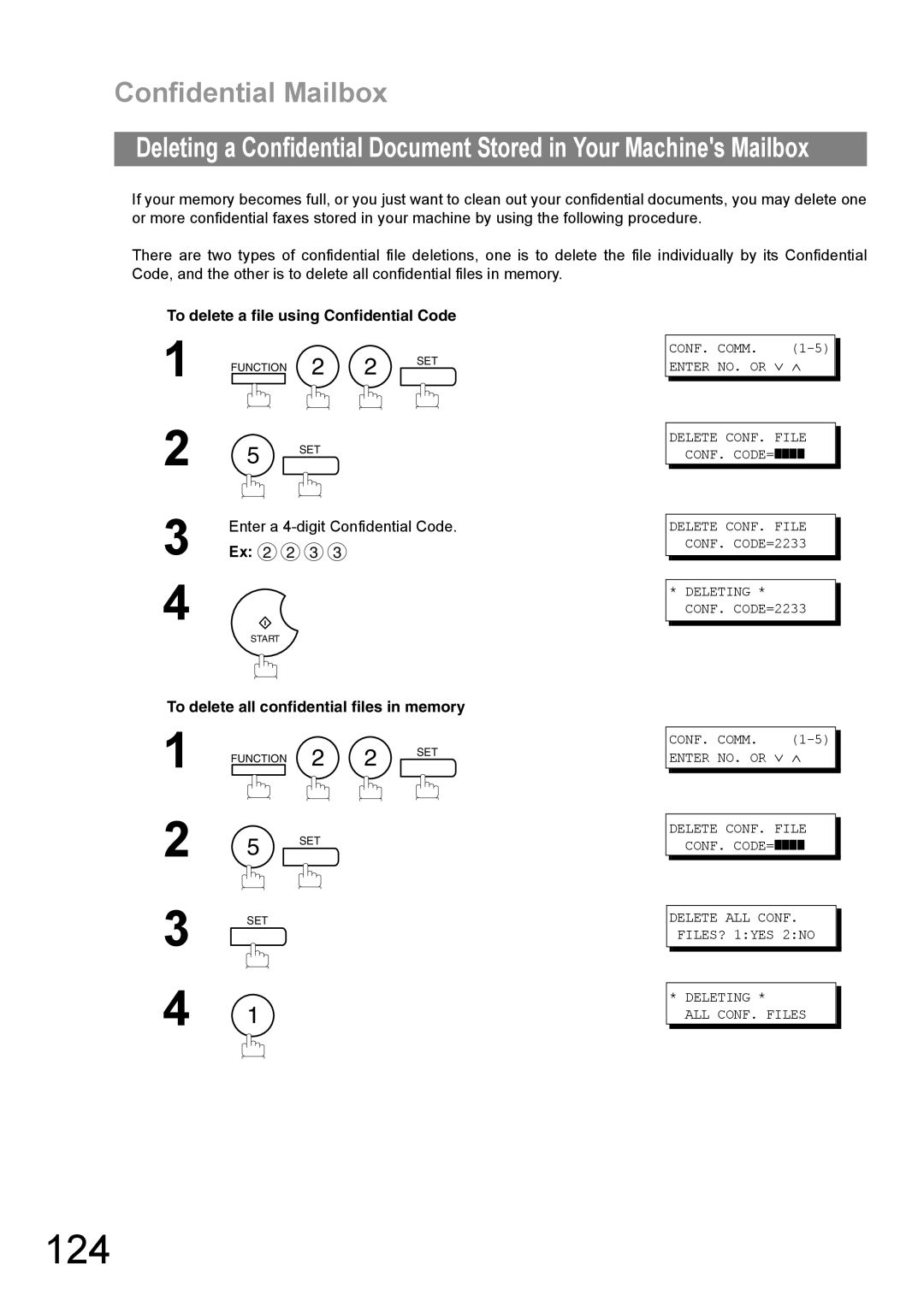 Panasonic UF-890/990 appendix 124, To delete a file using Confidential Code, Enter a 4-digit Confidential Code 