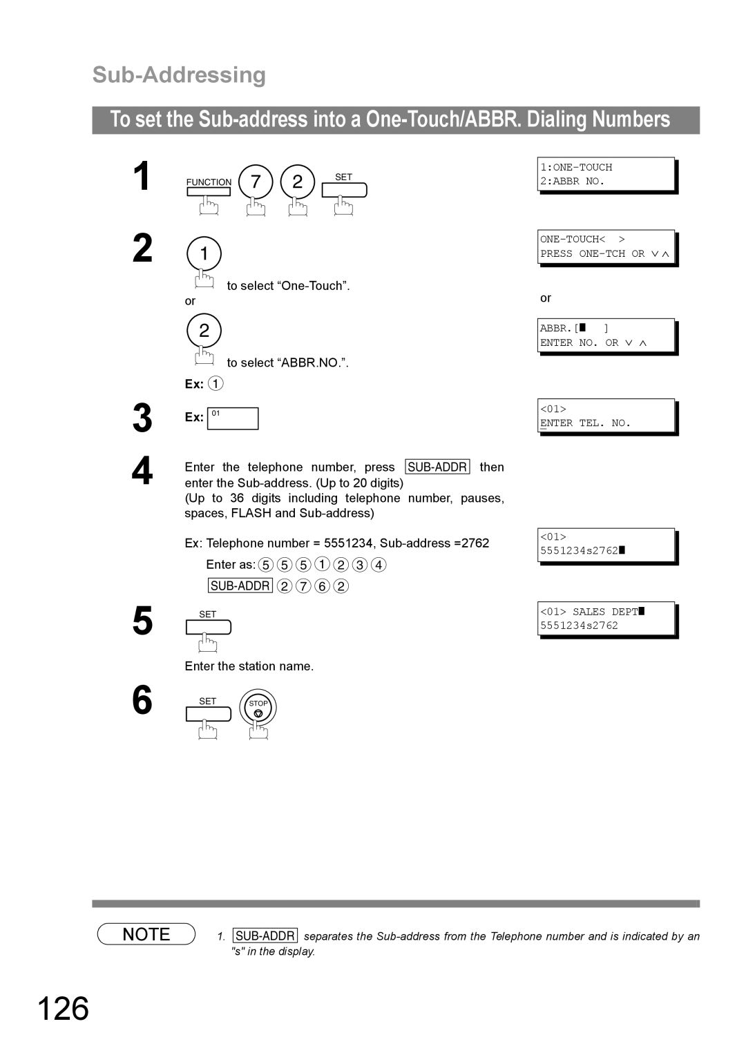 Panasonic UF-890/990 appendix 126, Sub-Addressing, Enter the station name 