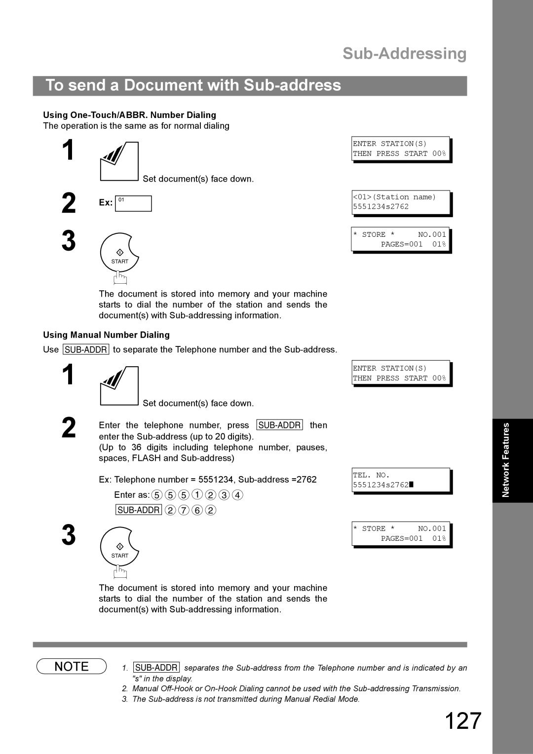 Panasonic UF-890/990 appendix 127, To send a Document with Sub-address, Using One-Touch/ABBR. Number Dialing 