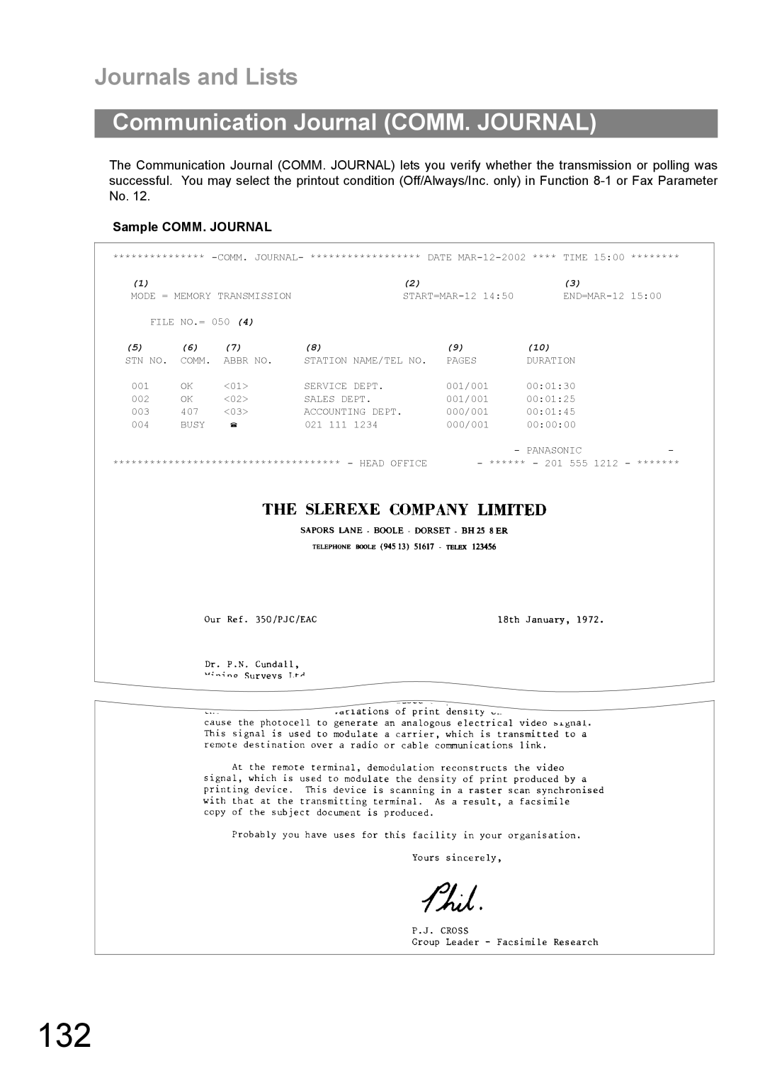 Panasonic UF-890/990 appendix 132, Sample COMM. Journal 