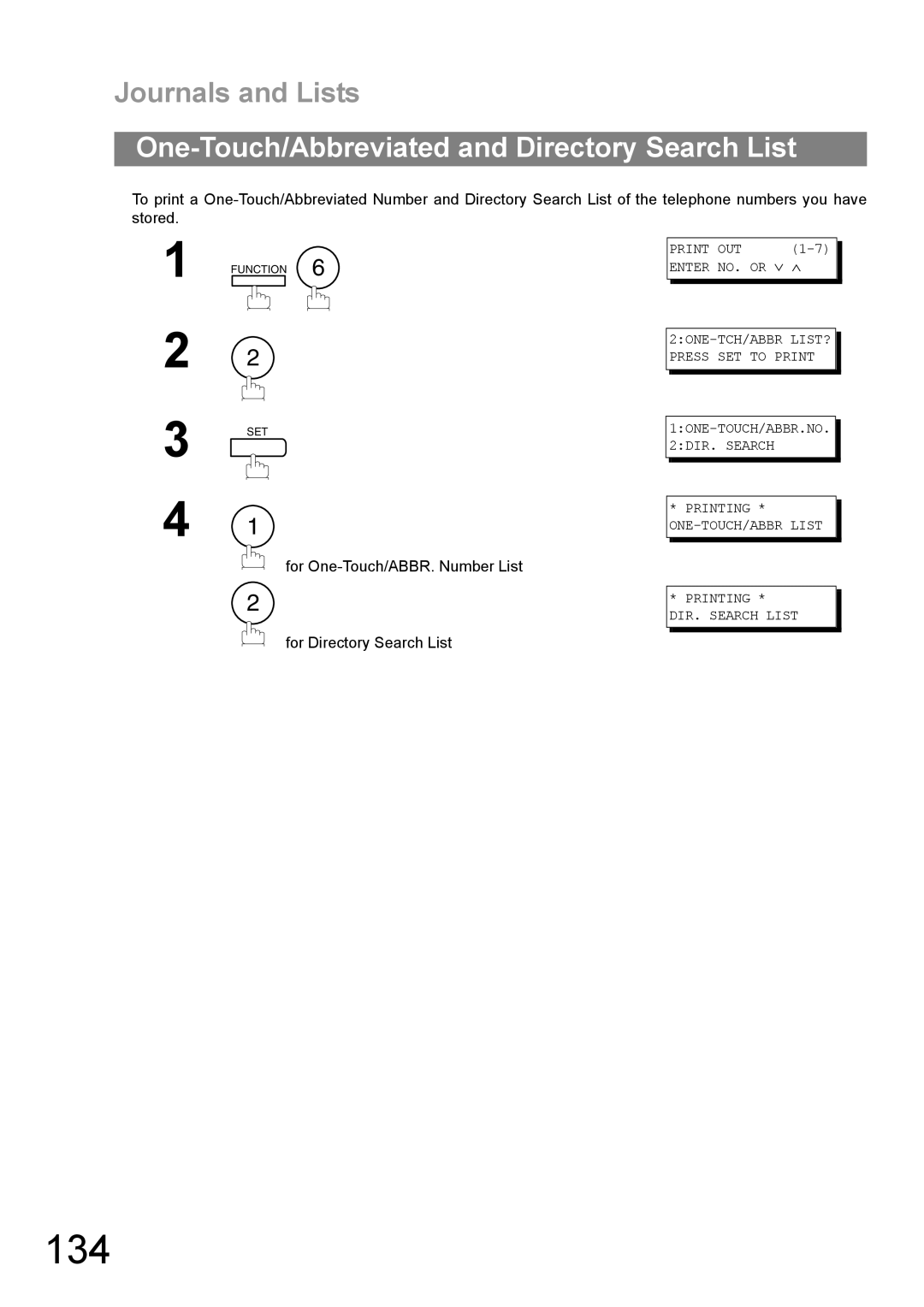 Panasonic UF-890/990 appendix 134, One-Touch/Abbreviated and Directory Search List, For One-Touch/ABBR. Number List 