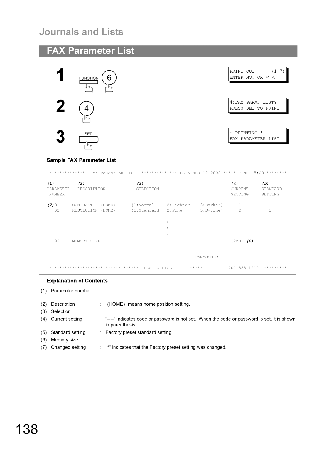 Panasonic UF-890/990 appendix 138, Sample FAX Parameter List 