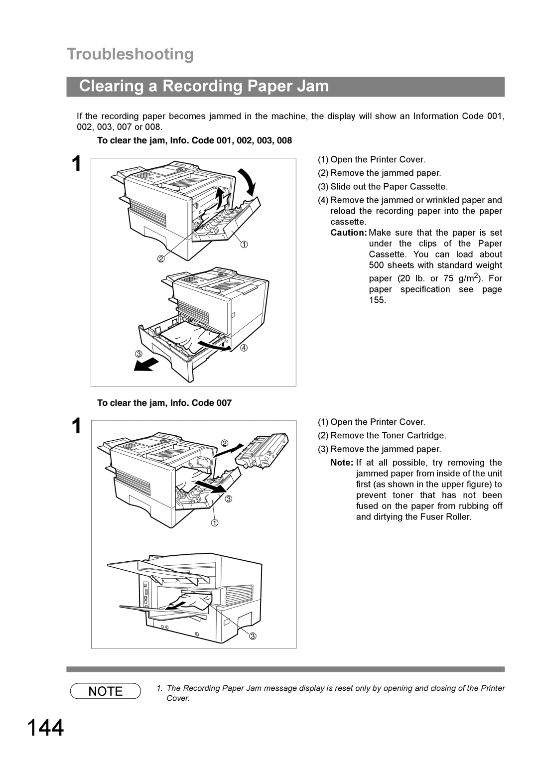 Panasonic UF-890/990 appendix 144, Clearing a Recording Paper Jam, To clear the jam, Info. Code 001, 002, 003 