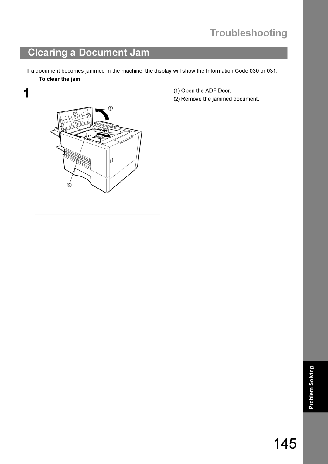 Panasonic UF-890/990 appendix 145, Clearing a Document Jam, To clear the jam, Open the ADF Door Remove the jammed document 