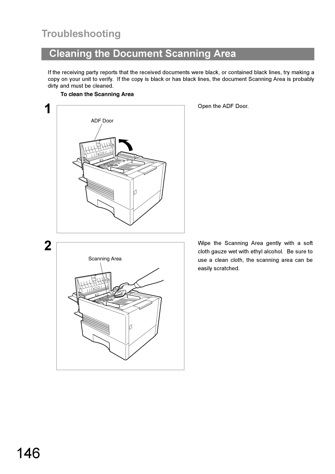 Panasonic UF-890/990 appendix 146, Cleaning the Document Scanning Area, To clean the Scanning Area, Open the ADF Door 