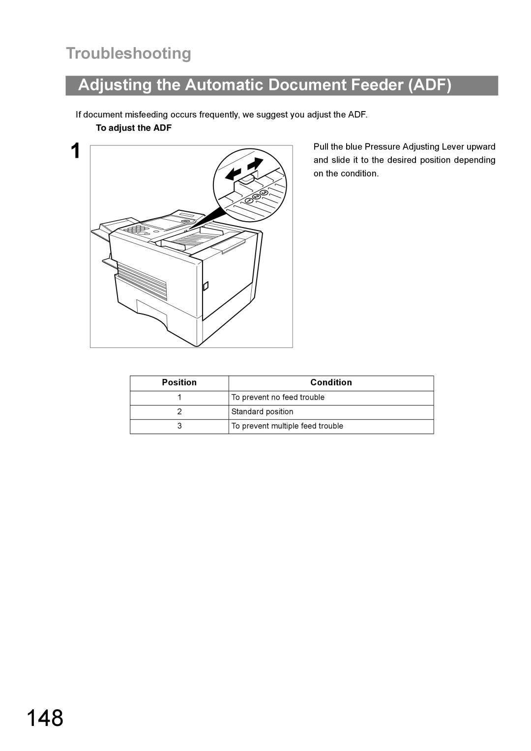 Panasonic UF-890/990 appendix 148, Adjusting the Automatic Document Feeder ADF, To adjust the ADF, Position Condition 