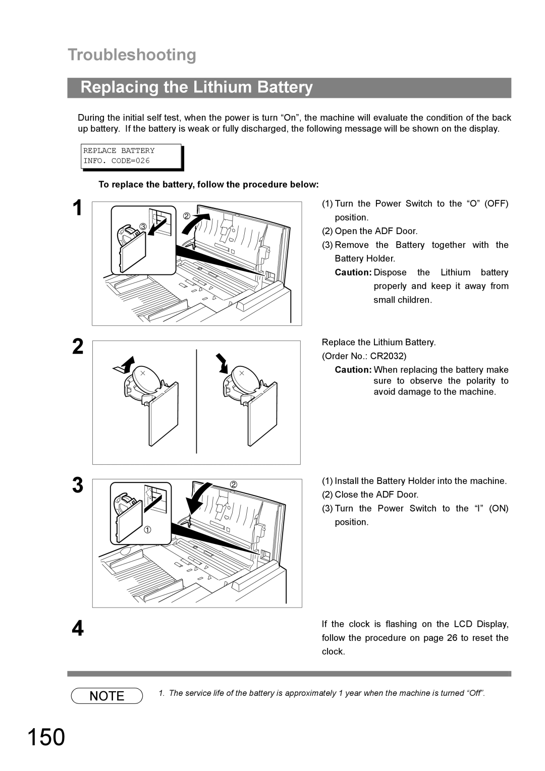 Panasonic UF-890/990 appendix 150, Replacing the Lithium Battery, To replace the battery, follow the procedure below 