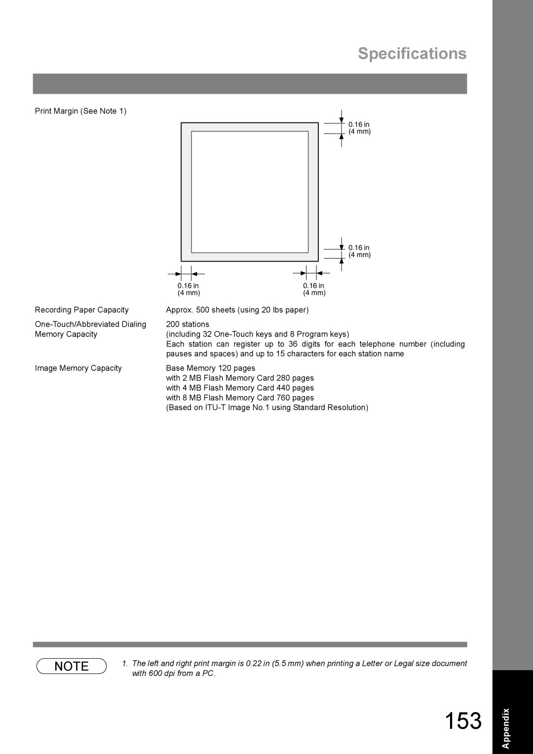 Panasonic UF-890/990 appendix 153, Specifications 