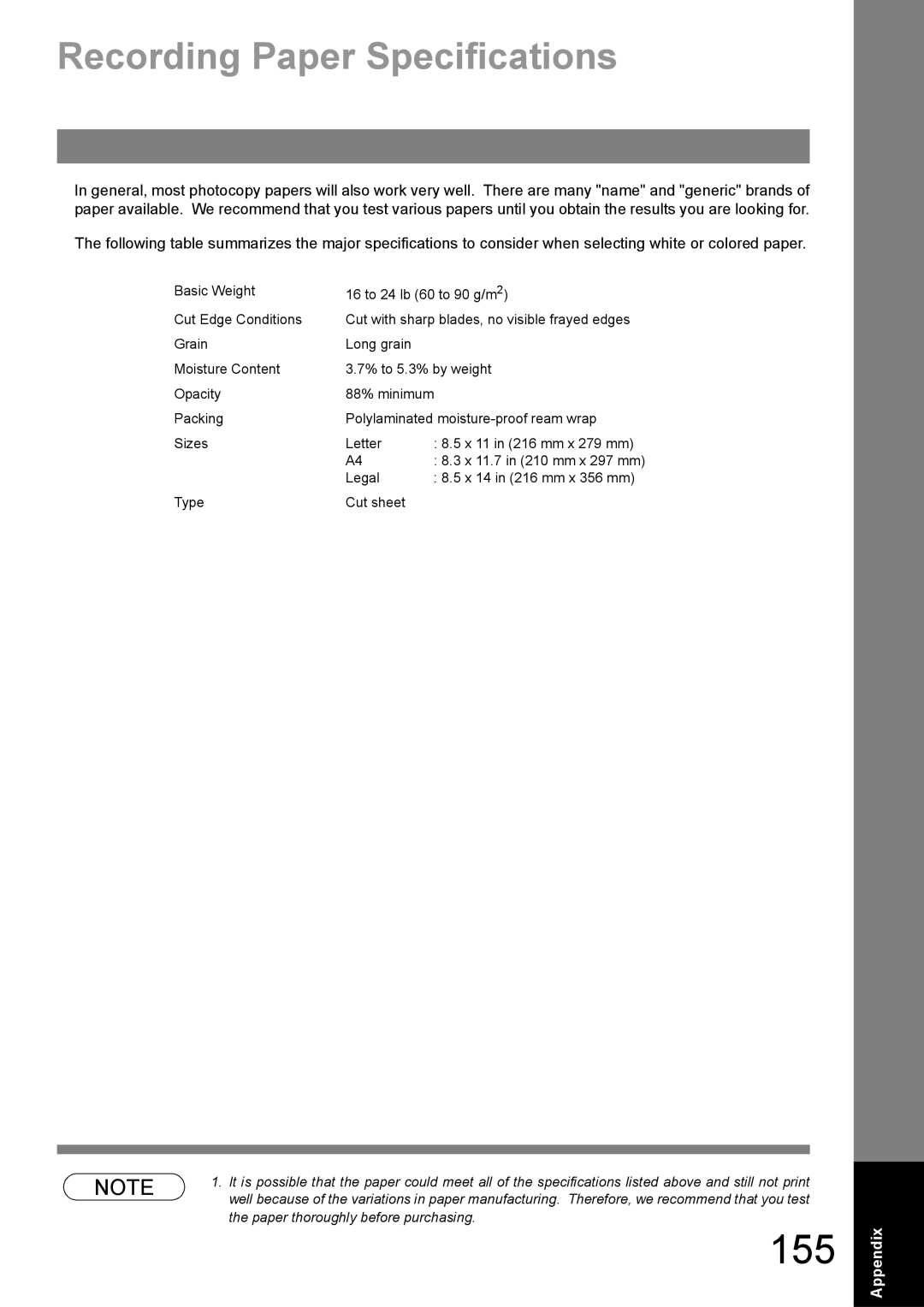 Panasonic UF-890/990 appendix 155, Recording Paper Specifications 