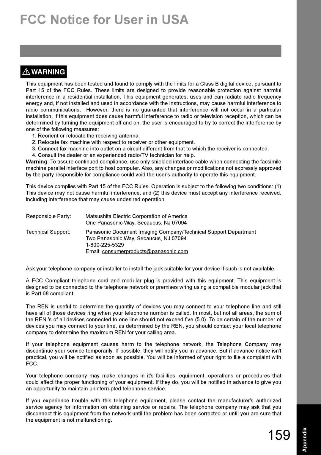 Panasonic UF-890/990 appendix 159, FCC Notice for User in USA 