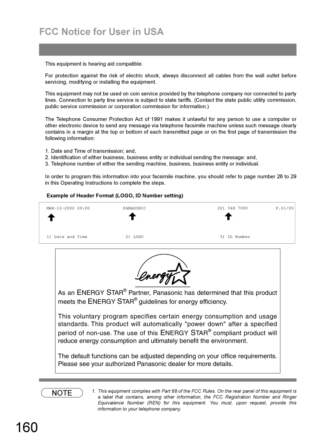 Panasonic UF-890/990 appendix 160, FCC Notice for User in USA, Example of Header Format LOGO, ID Number setting 