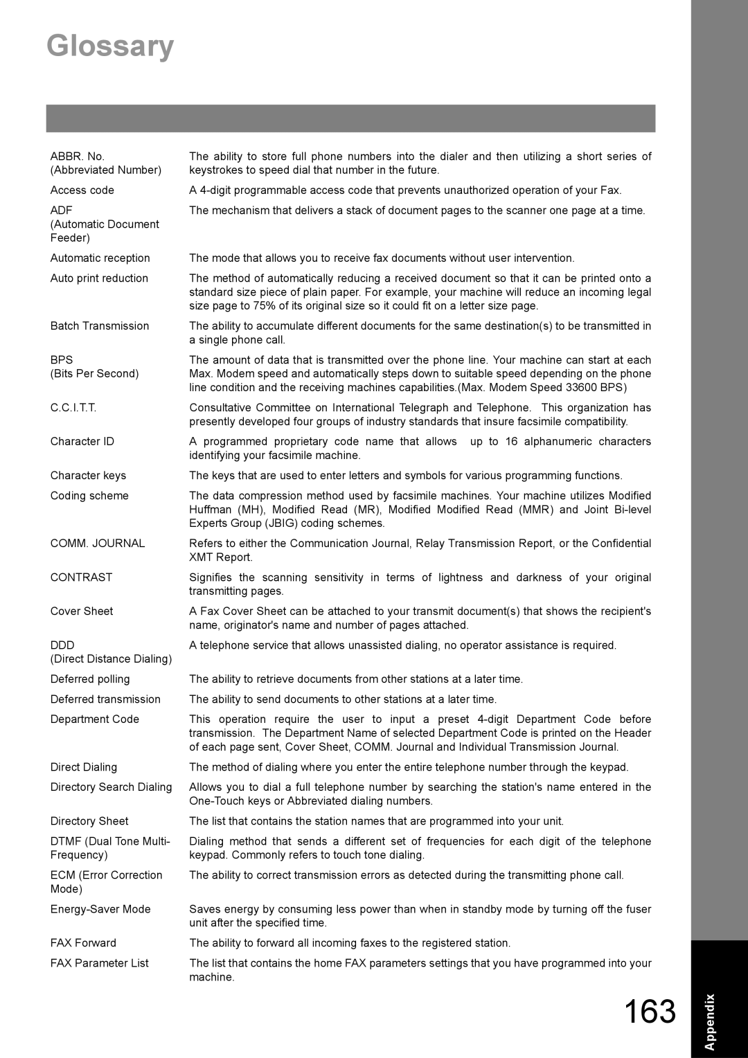 Panasonic UF-890/990 appendix Glossary, Adf 