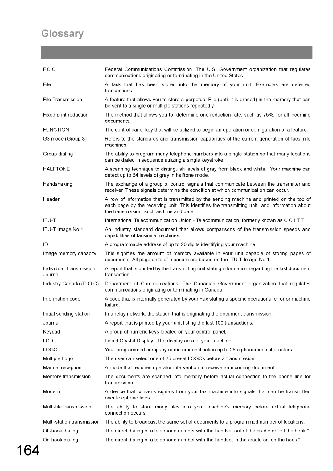 Panasonic UF-890/990 appendix 164, Glossary 