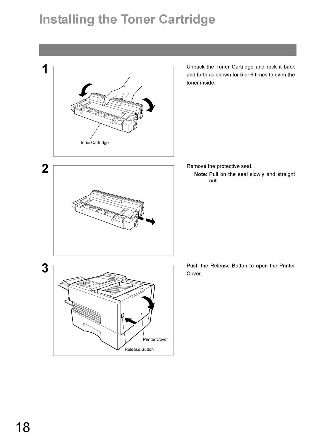 Panasonic UF-890/990 appendix Installing the Toner Cartridge, Remove the protective seal 