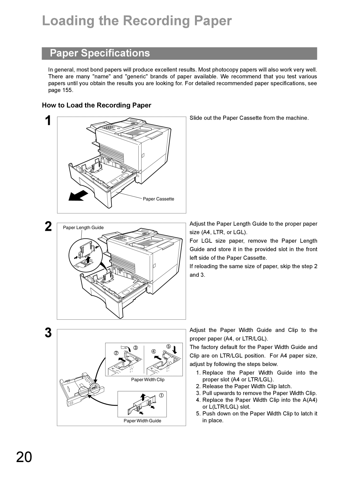 Panasonic UF-890/990 appendix Loading the Recording Paper, Paper Specifications, How to Load the Recording Paper 