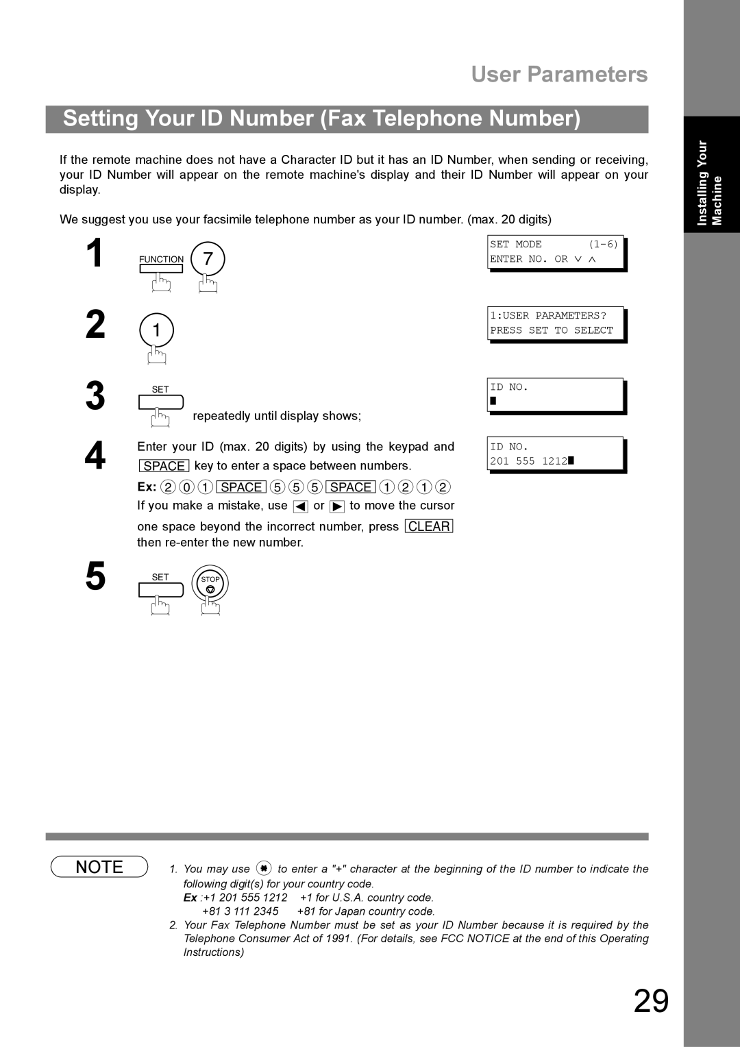 Panasonic UF-890/990 appendix Setting Your ID Number Fax Telephone Number, 201 555 