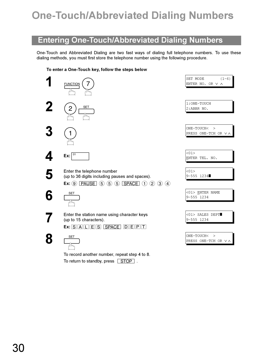 Panasonic UF-890/990 appendix Entering One-Touch/Abbreviated Dialing Numbers, Pause 5 5 5 Space 1 2 3 