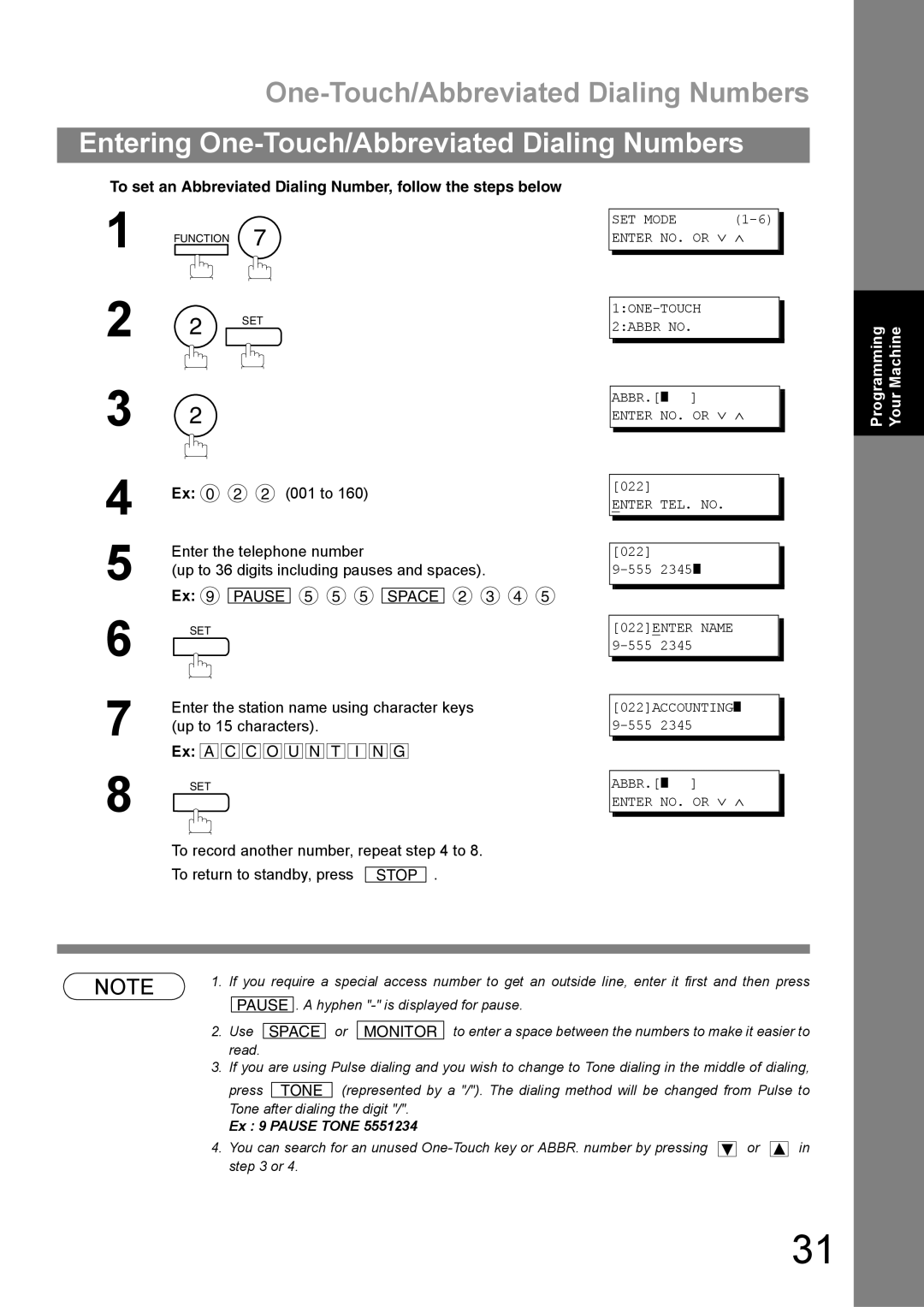 Panasonic UF-890/990 appendix One-Touch/Abbreviated Dialing Numbers, 001 to, Enter the telephone number 