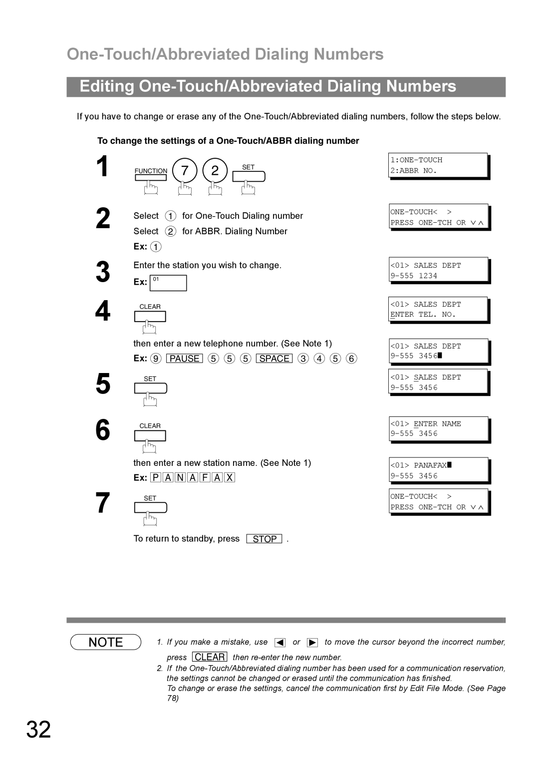 Panasonic UF-890/990 appendix Editing One-Touch/Abbreviated Dialing Numbers, Then enter a new station name. See Note 