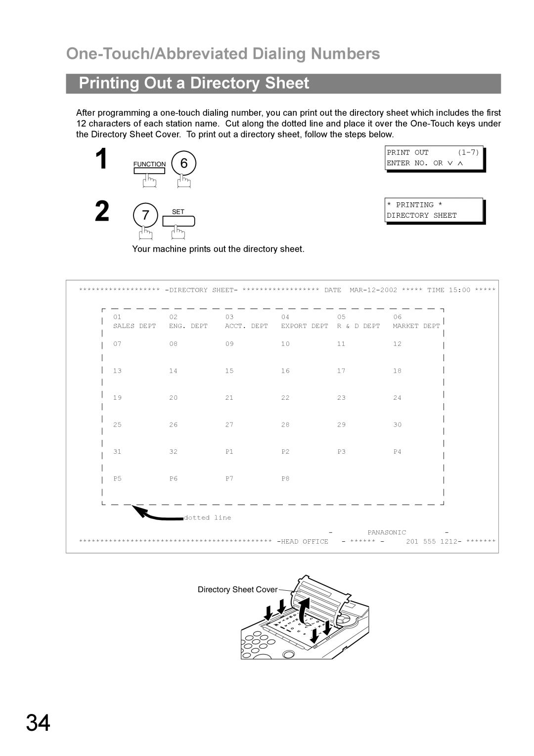 Panasonic UF-890/990 appendix Printing Out a Directory Sheet, Your machine prints out the directory sheet 