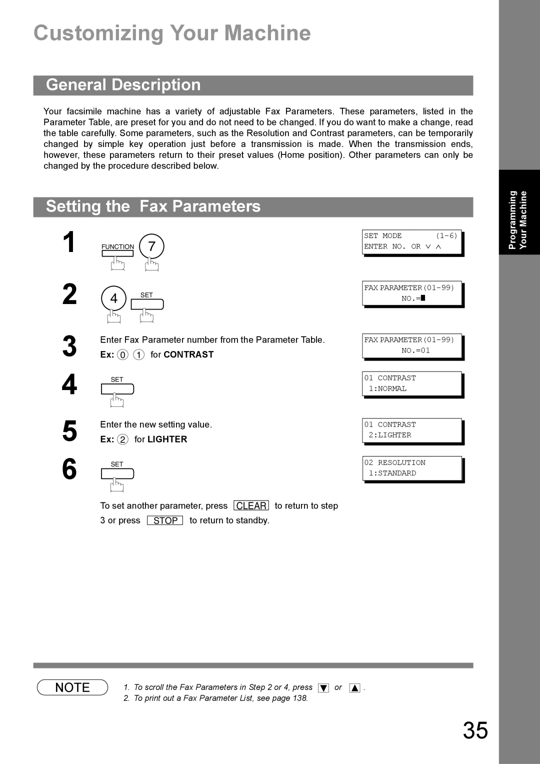 Panasonic UF-890/990 appendix Customizing Your Machine, Setting the Fax Parameters, For Contrast, For Lighter 