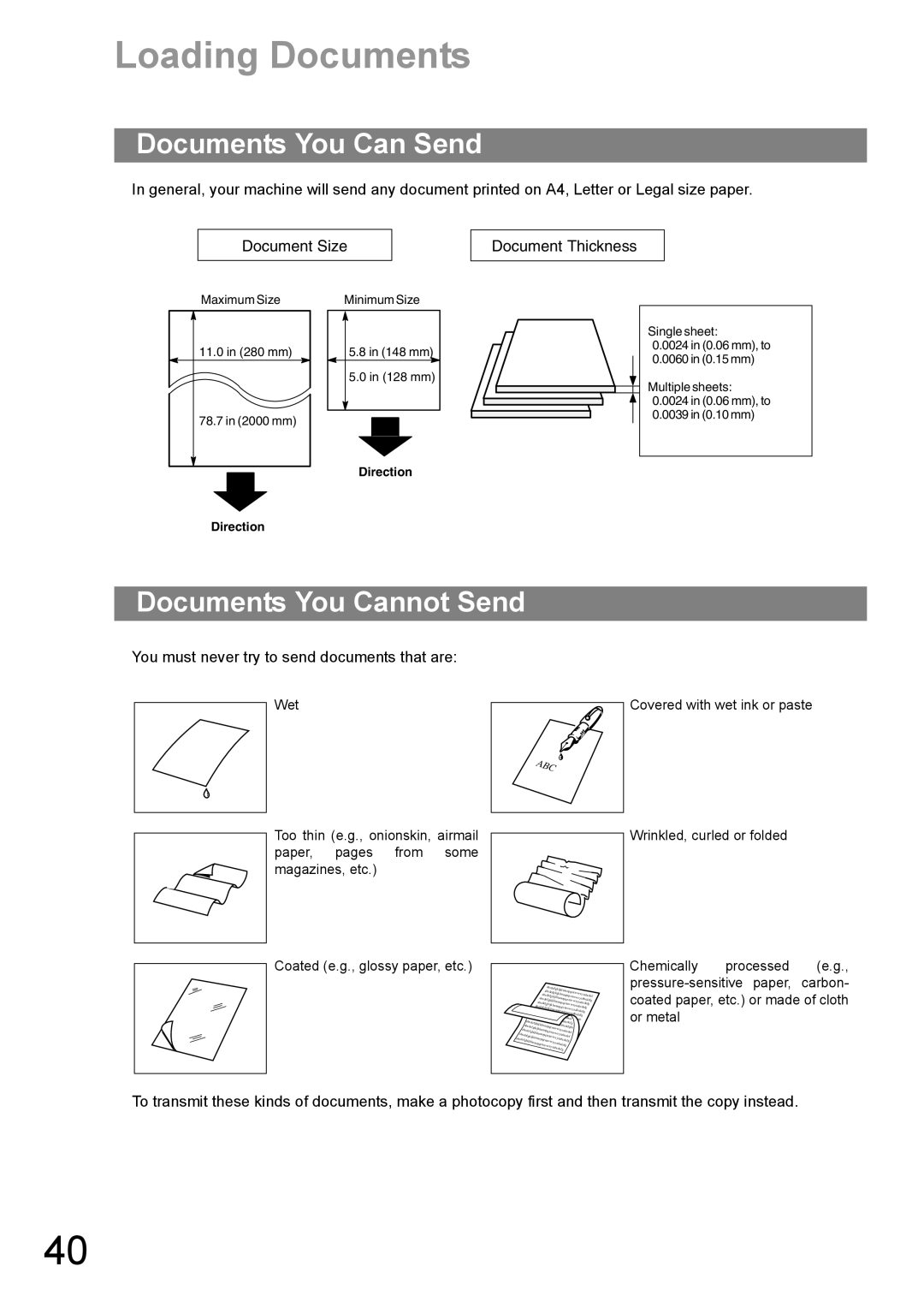 Panasonic UF-890/990 appendix Loading Documents, Documents You Can Send, Documents You Cannot Send 