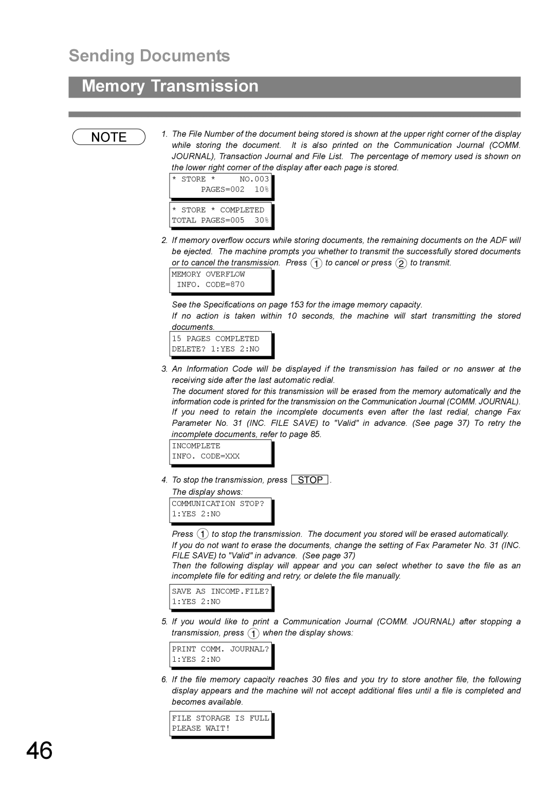 Panasonic UF-890/990 appendix Sending Documents, Store * Completed Total PAGES=005 30% 