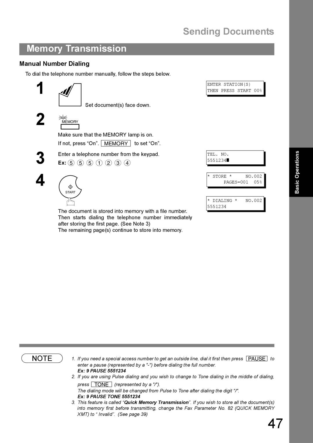 Panasonic UF-890/990 appendix Manual Number Dialing, Make sure that the Memory lamp is on 