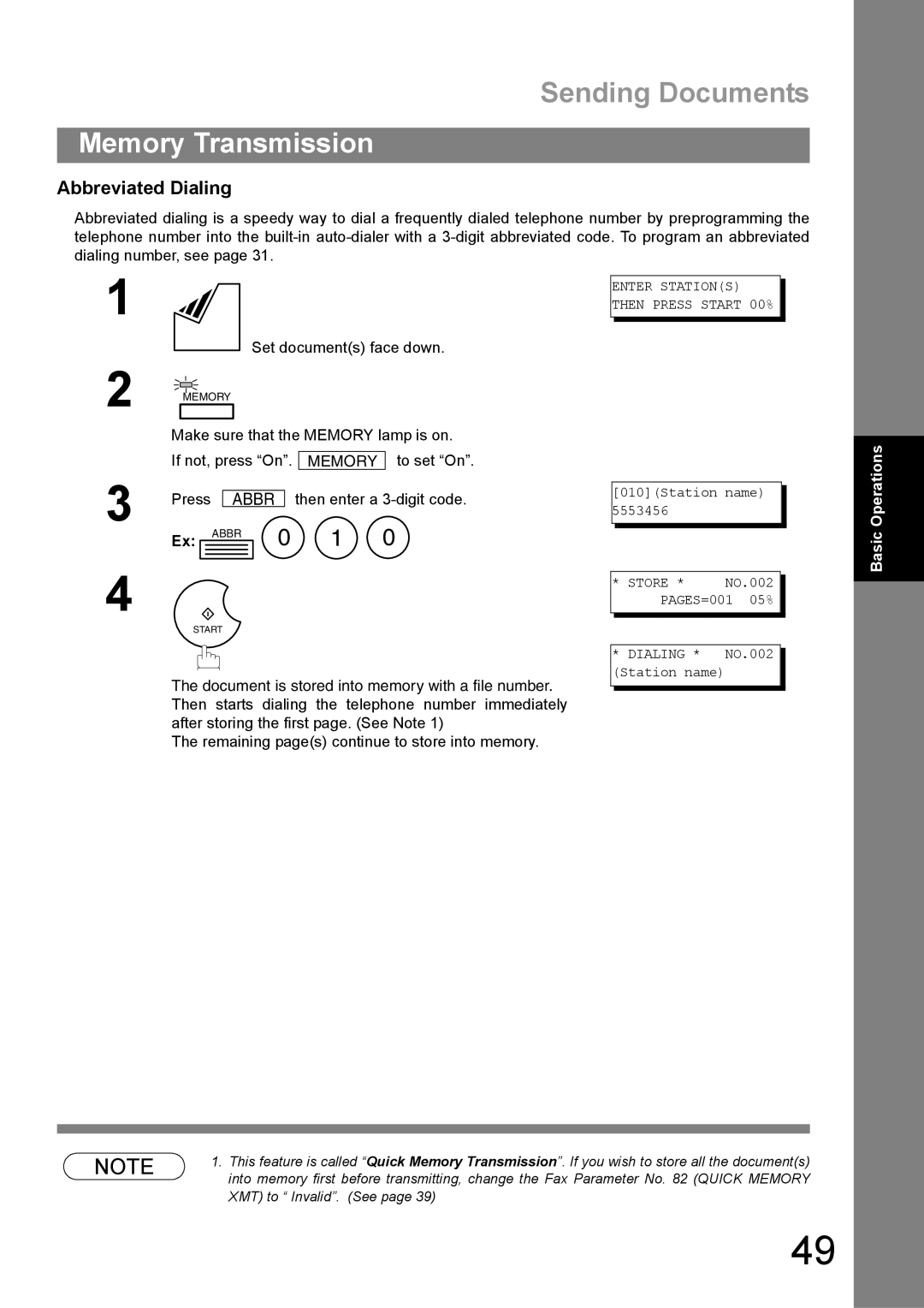 Panasonic UF-890/990 appendix Abbreviated Dialing, If not, press On, Press Then enter a 3-digit code 