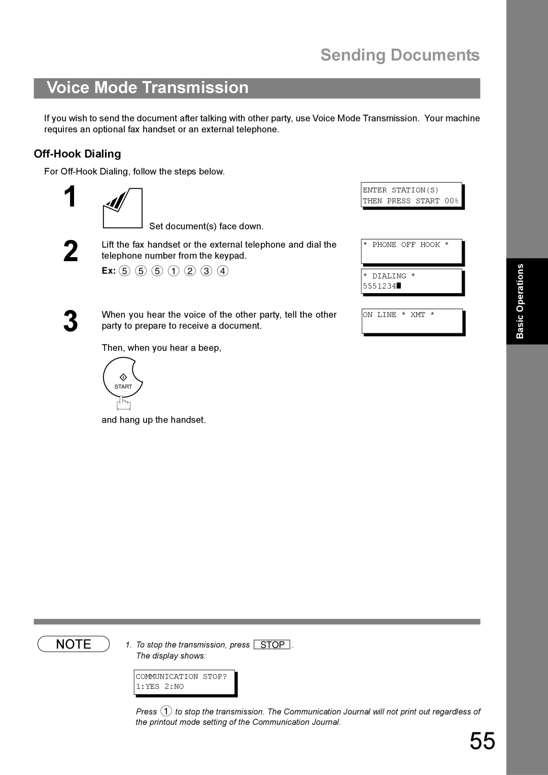 Panasonic UF-890/990 appendix Voice Mode Transmission, Off-Hook Dialing, Hang up the handset 