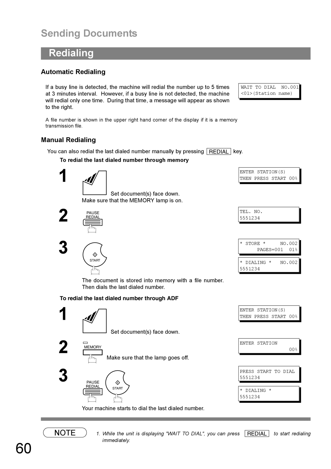 Panasonic UF-890/990 appendix Automatic Redialing, Manual Redialing, To redial the last dialed number through memory 