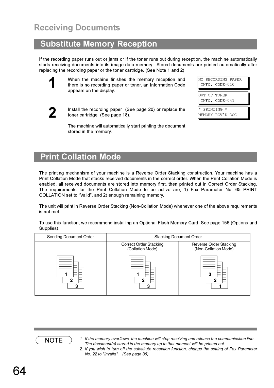 Panasonic UF-890/990 appendix Substitute Memory Reception, Print Collation Mode 