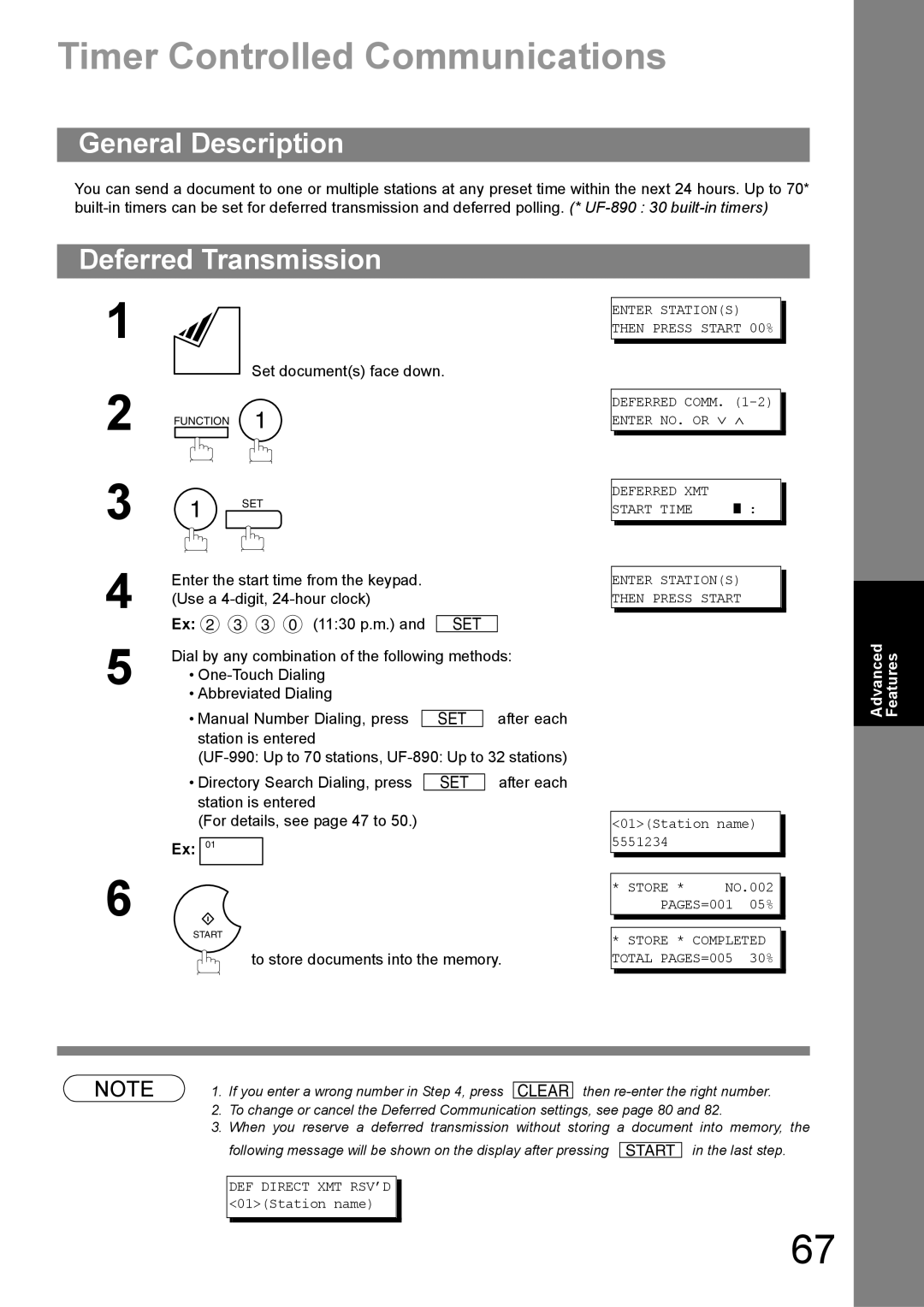 Panasonic UF-890/990 appendix Timer Controlled Communications, Deferred Transmission, To store documents into the memory 