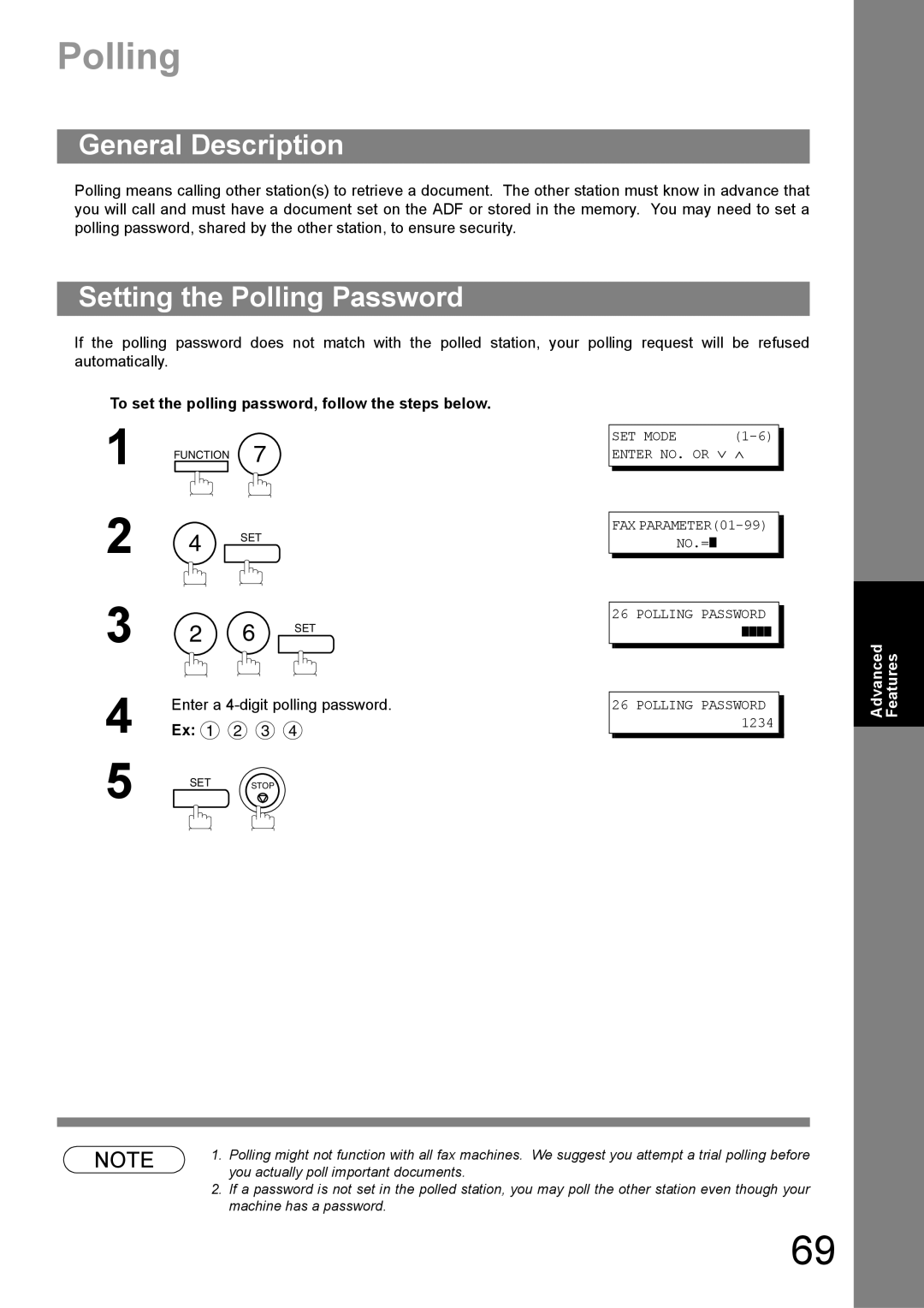 Panasonic UF-890/990 appendix Setting the Polling Password, To set the polling password, follow the steps below 