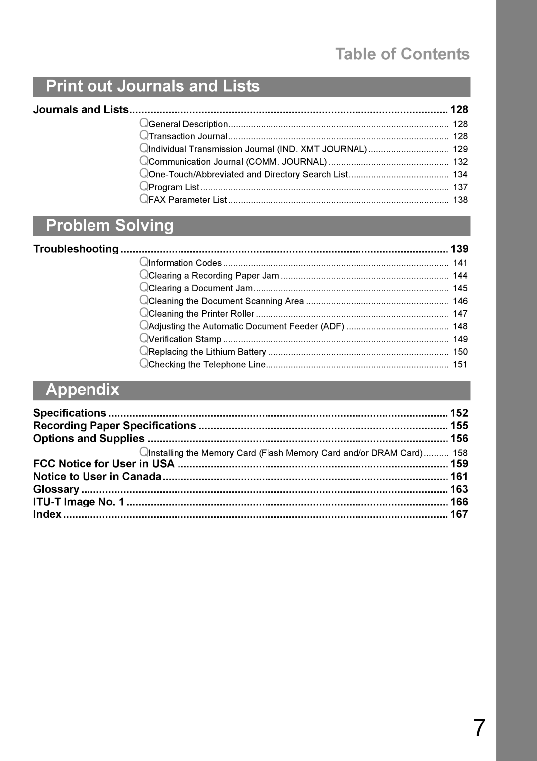 Panasonic UF-890/990 Print out Journals and Lists, Problem Solving, Appendix, Journals and Lists 128, Troubleshooting 139 