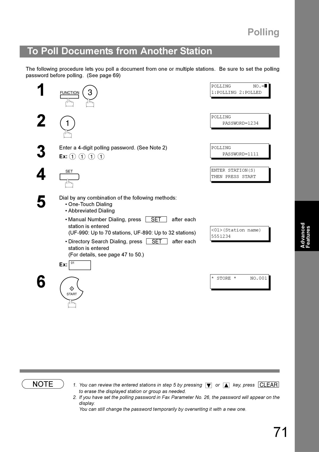 Panasonic UF-890/990 appendix To Poll Documents from Another Station, Enter a 4-digit polling password. See Note Ex 1 1 1 