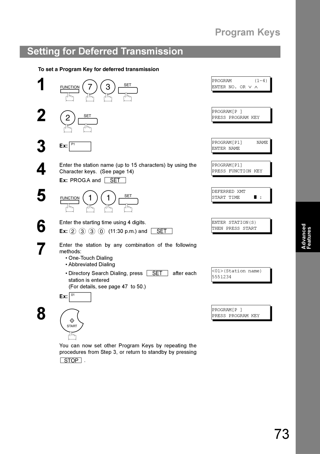 Panasonic UF-890/990 Setting for Deferred Transmission, Program Keys, To set a Program Key for deferred transmission 