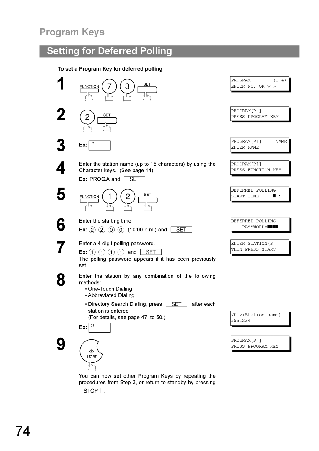 Panasonic UF-890/990 appendix Setting for Deferred Polling, To set a Program Key for deferred polling, Character keys. See 