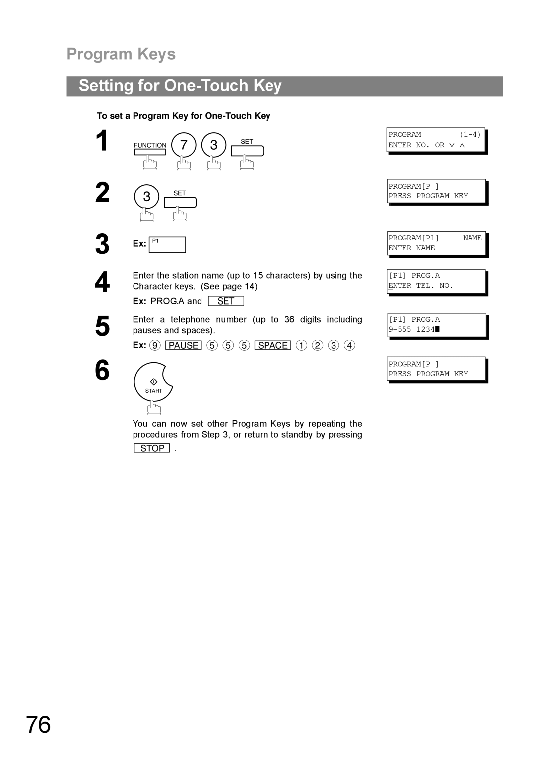 Panasonic UF-890/990 appendix Setting for One-Touch Key, To set a Program Key for One-Touch Key, Pauses and spaces 