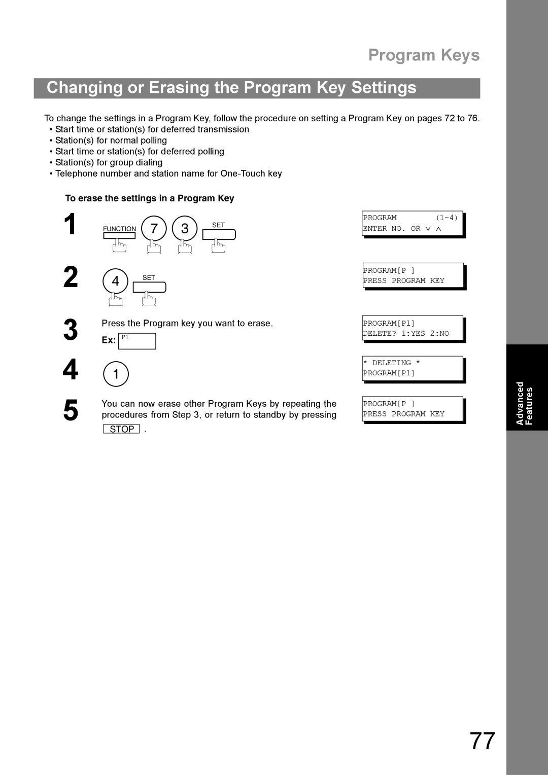 Panasonic UF-890/990 appendix Changing or Erasing the Program Key Settings, To erase the settings in a Program Key 