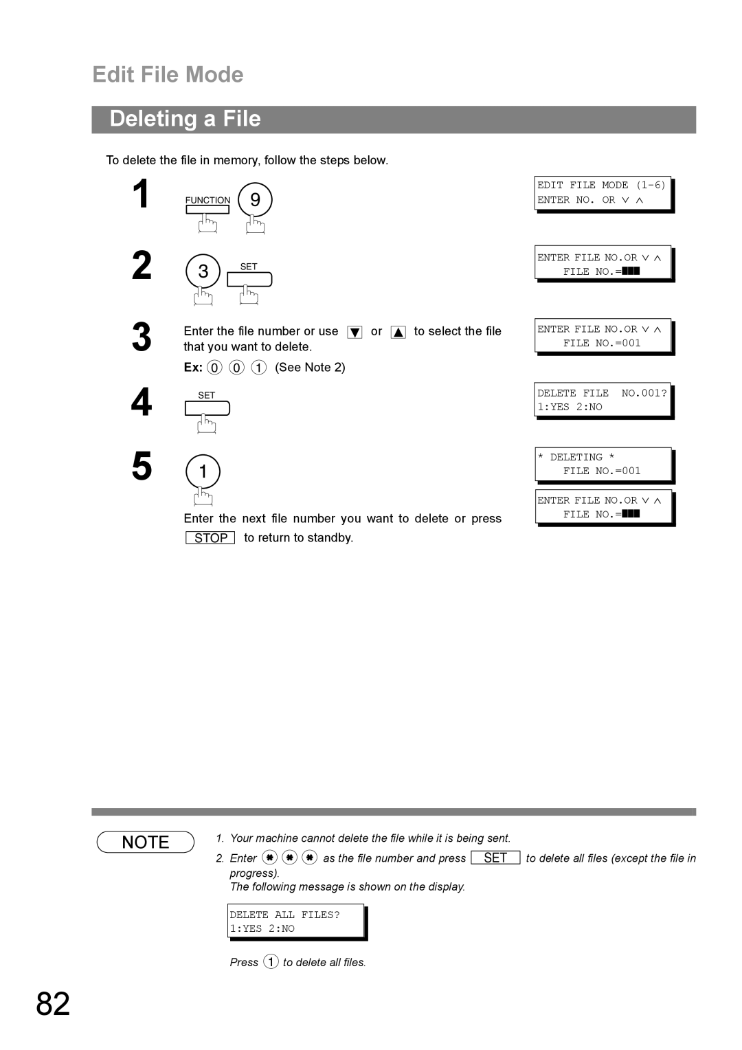 Panasonic UF-890/990 appendix Deleting a File, To delete the file in memory, follow the steps below 