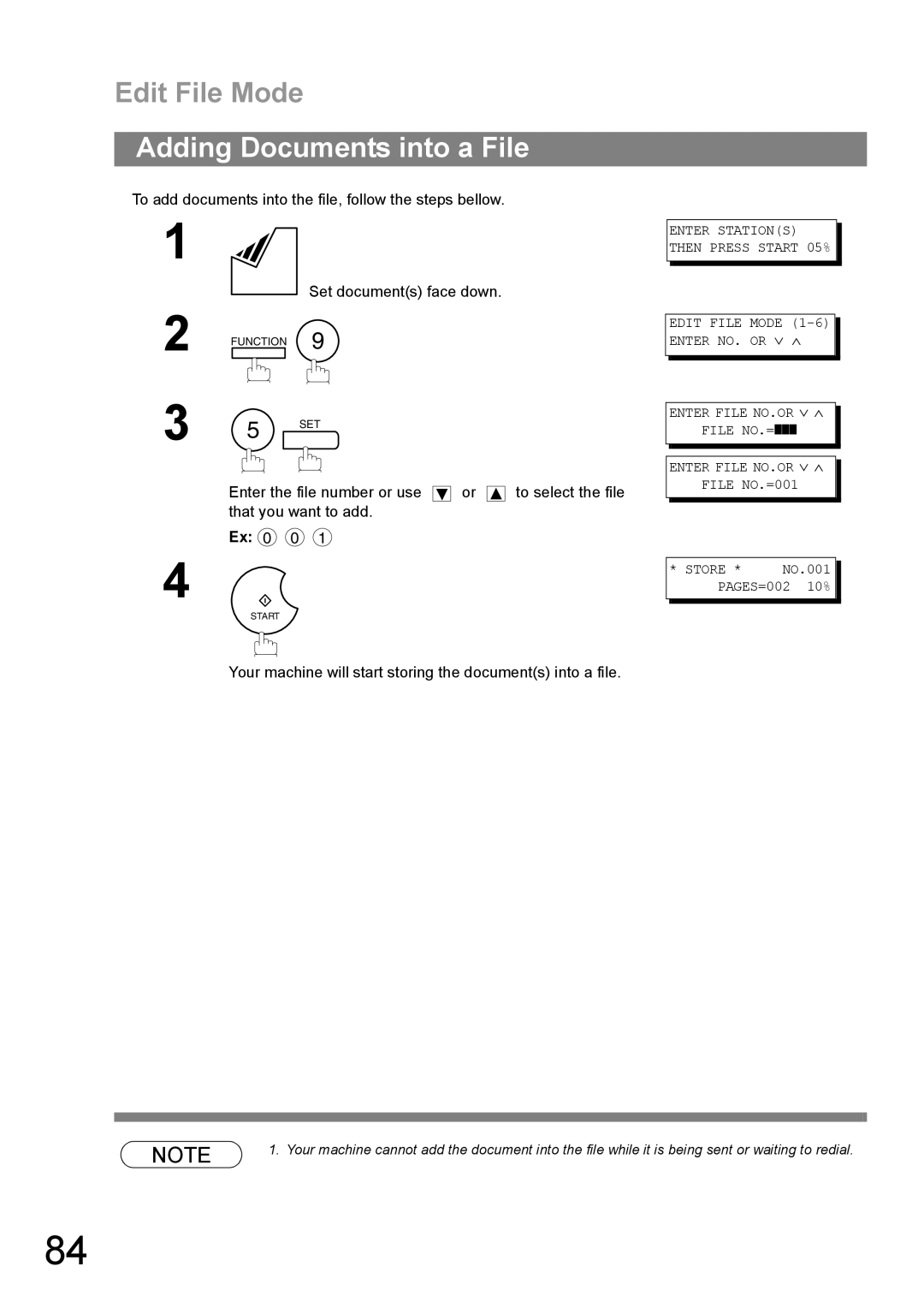 Panasonic UF-890/990 appendix Adding Documents into a File, Your machine will start storing the documents into a file 