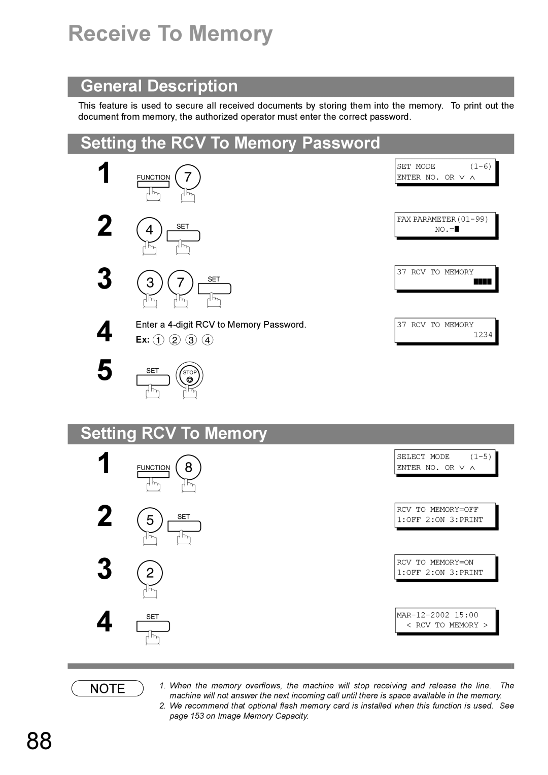 Panasonic UF-890/990 appendix Receive To Memory, Setting the RCV To Memory Password, Setting RCV To Memory 