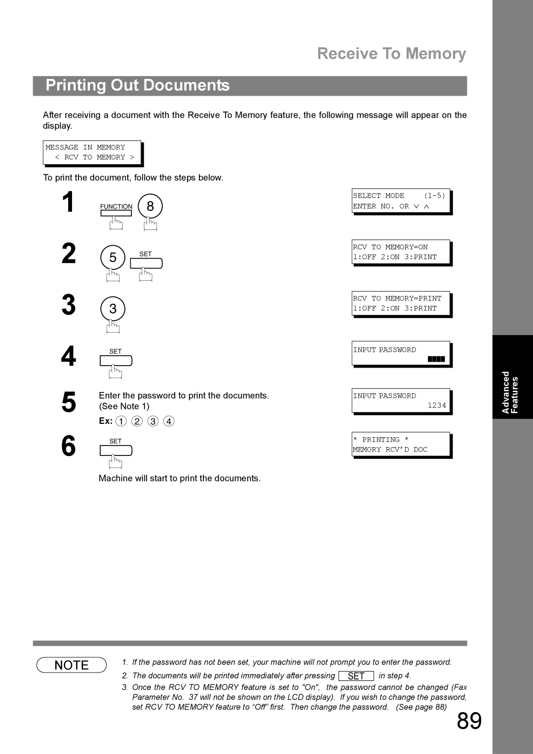 Panasonic UF-890/990 appendix Receive To Memory, Printing Out Documents, To print the document, follow the steps below 