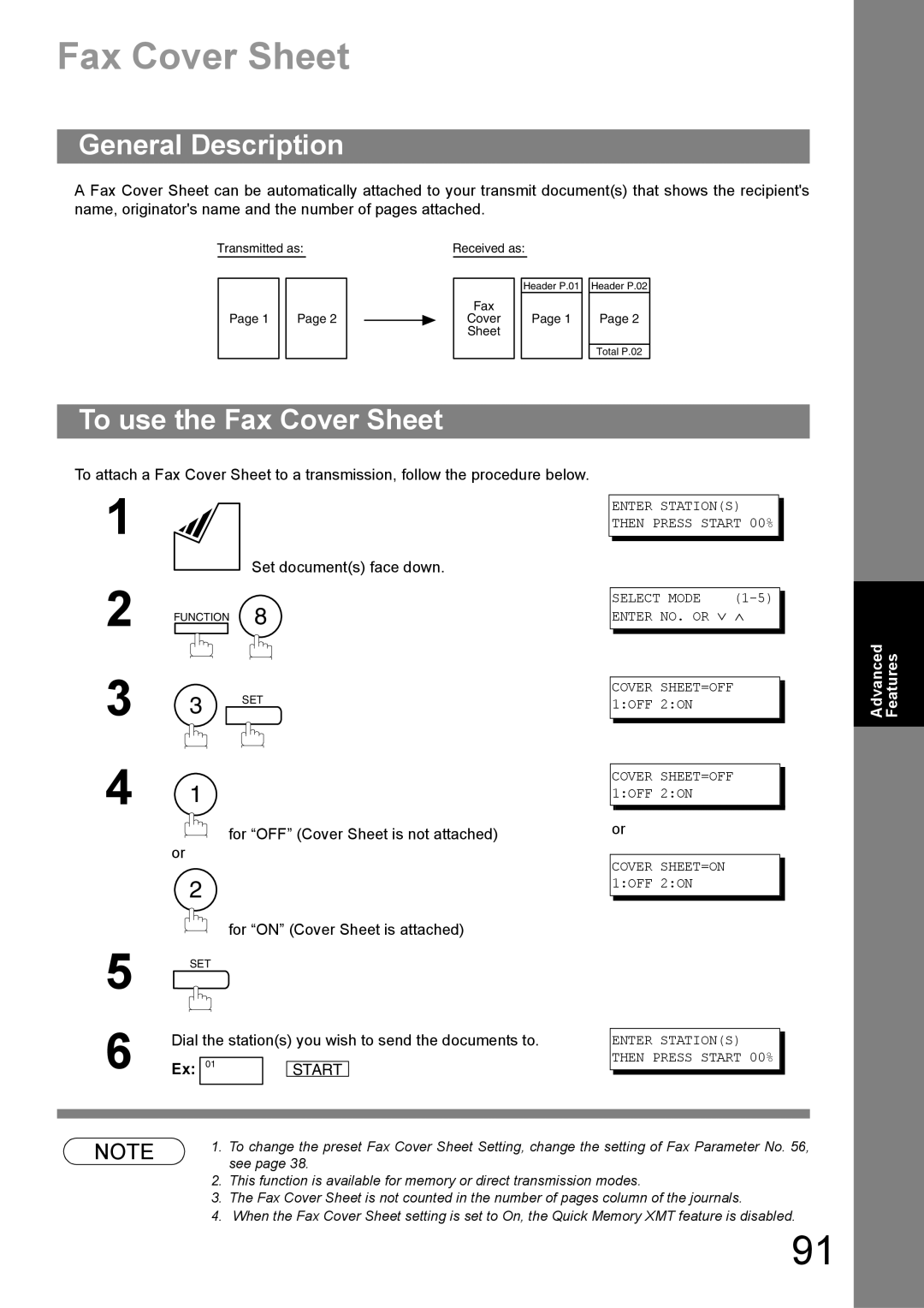 Panasonic UF-890/990 appendix To use the Fax Cover Sheet, Dial the stations you wish to send the documents to 