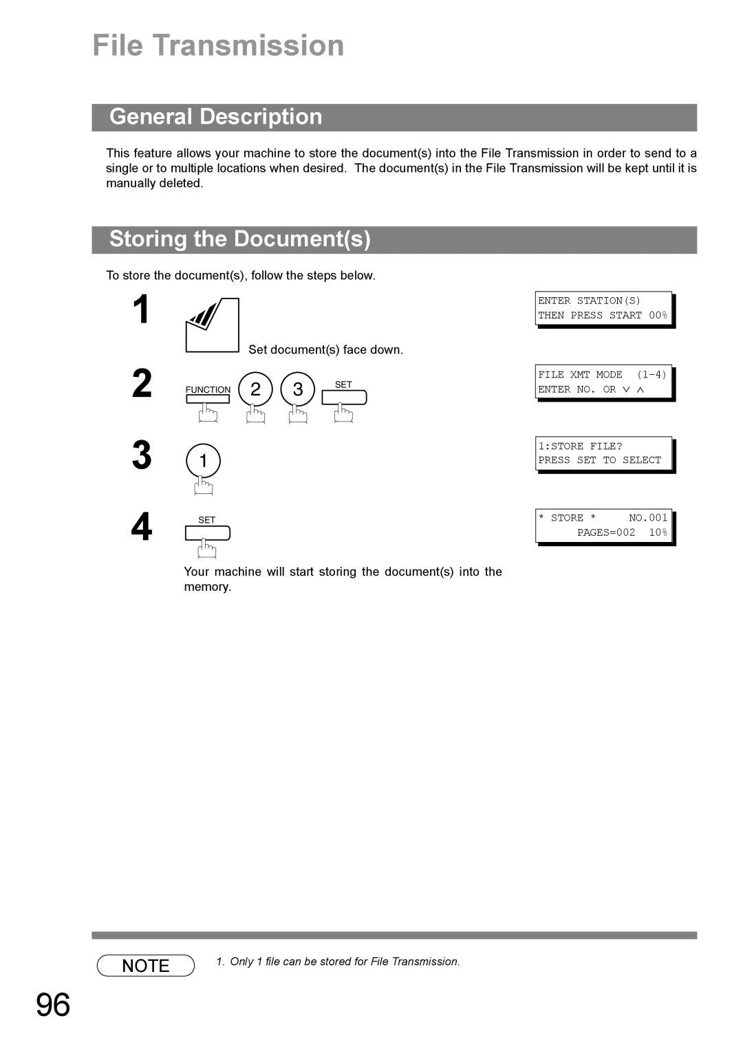 Panasonic UF-890/990 appendix File Transmission, Storing the Documents 